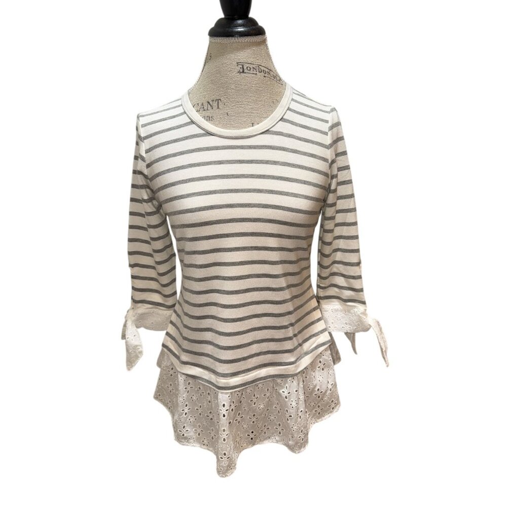 Chenault Ivory & Gray White Striped Eyelet Peplum/Trim 3/4 Sleeve Top Women's PM